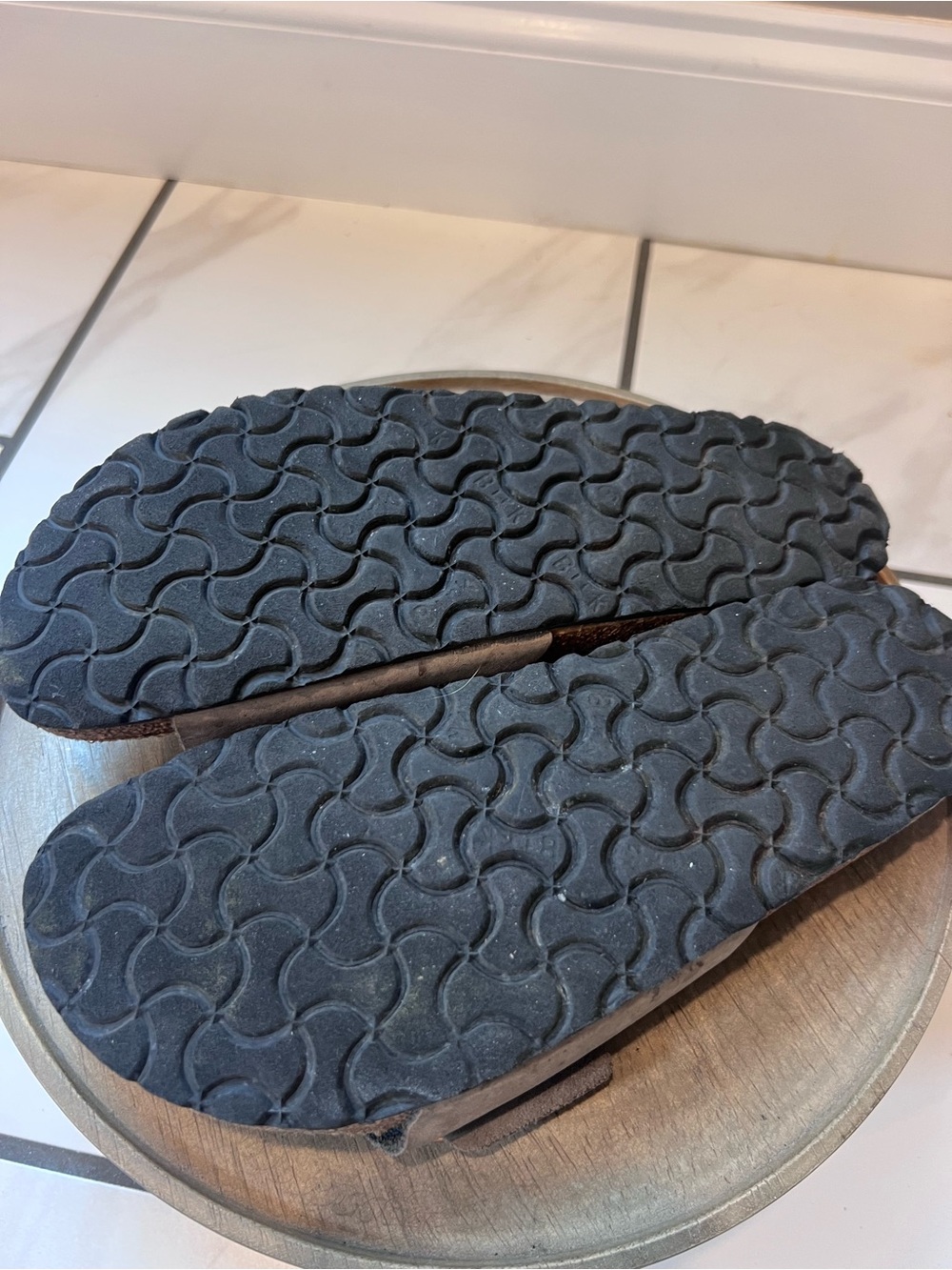 Birkenstock Single-Strap Suede Slides in Taupe with Gold Buckles - Picture 2 of 5